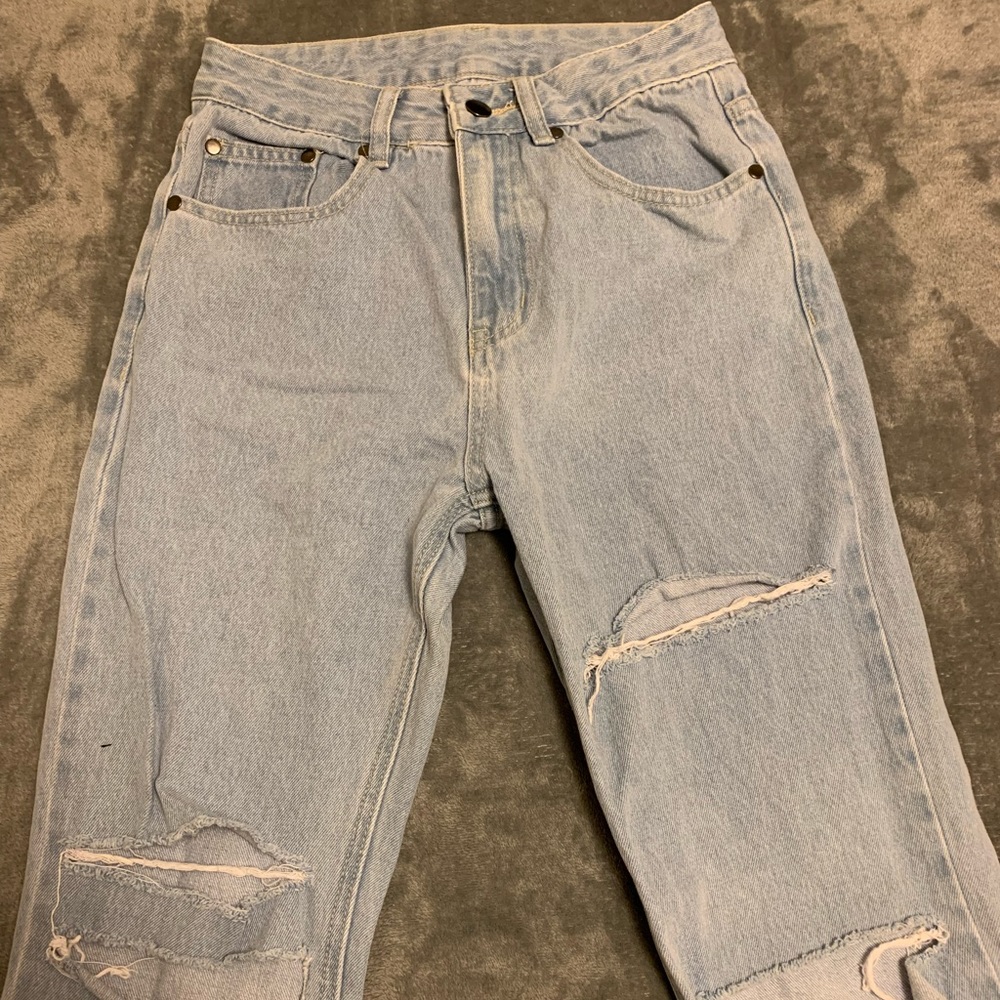 Light Blue High Waist Ripped Detail Jeans